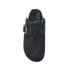 Clog style slip on shoe in soft suede with side buckle. Suede footbed and moulded sole for comfort. Black Suede Mules With Leather Footbed, Suede Slip-on Slippers With Buckle Closure, Suede Slippers With Buckle Closure And Round Toe, Black Suede Clogs With Suede Lining, Black Slip-on Clogs With Suede Lining, Black Suede Clogs With Round Toe, Clog Style, Clogs Style, Slip On Shoe