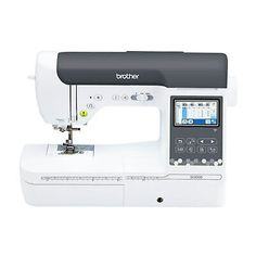 the brother sewing machine is white and has buttons on it's front end,