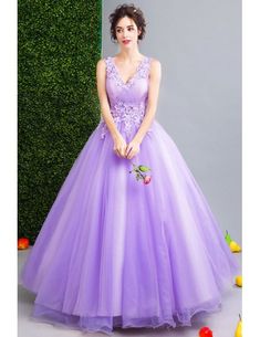 Purple V-neck Prom Gown, V-neck Purple Gown For Prom Season, V-neck Sweep Train Dress For Debutante Ball, Purple V-neck Gown For Prom, Purple V-neck Wedding Gown, V-neck Dress For Debutante Ball With Fitted Bodice, Lavender V-neck Dress For Prom, Fitted Bodice V-neck Dress For Debutante Ball, Purple Wedding Ball Gown For Spring