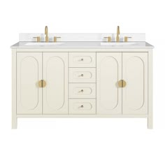 Tailor the look of your bathroom with the Haven 61 in. Ivory Vanity with Snow White Engineered Stone Top featuring gorgeous solid wood, mdf in beige with 4 doors, 3 drawers, and 2 shelves. This piece is completed with beautiful matte gold hardware and a double undermount white sink. The Haven 61 in. Ivory Vanity with Snow White Engineered Stone Top is a stunning addition to any bathroom setting. Number of Doors: 4Number of Drawers: 3Number of Shelves: 2Decorative Hardware: includedMirror: not in Trailer Updates, Stone Vanity Top, Stone Vanity, Painted Vanity, Mdf Cabinets, Bathroom Remodels, White Sink, Engineered Stone, Hardware Finishes