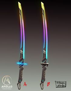 two swords with different colored lights are shown in the same image as they appear to have been