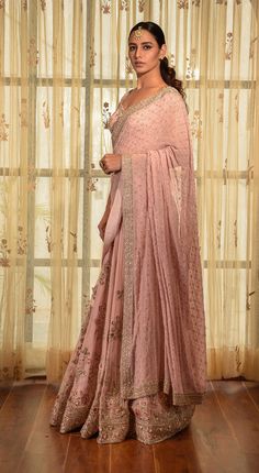 Dolly J | Pink Rose Chiffon Kalidar Sari And Blouse Dolly J, Jaal Embroidery, Lehenga Saree Design, Sari Design, Carnation Pink, Autumn Fashion Casual, Stylish Dress Designs, Chiffon Saree, Pink Saree