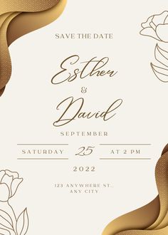 save the date card with gold and white flowers on it, in an elegant frame