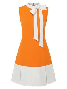 Orange 1960s Crew Bowknot Sleeveless Dress | Retro Stage White Retro Mini Dress For Beach, Retro Stage, Vintage Romper, Inside Out 2, Standard Dress, 1960's Dress, 60s Dress, Vintage Mode, Mod Fashion