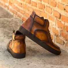 Custom Made Men’s High Top Multi Italian Calf Leather with a Cognac Hand Patina Finish Artistic Shoes, Patina Style, Jodhpur Boots, Heeled Chelsea Boots, Gentleman Shoes, Brogue Boots, Shoes Too Big, Patina Finish, Mens High Tops