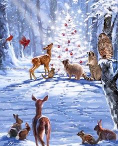 a group of animals standing in the snow next to a christmas tree with red balls on it