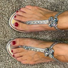 New! Bling! Shimmering Silver Rhinestone Sandals. Flat. Flattering Easy Slip On Sandals With Elastic Ankle Closure. Beautiful Large Rhinestone Embellishments Along Foot. Thong Style Front. Silver Toe Post Sandals With Rhinestones, Silver Rhinestone Toe Post Sandals, Silver Open Toe Sandals With Rhinestones, Sparkling Silver Sandals For Summer, Bedazzled Silver Sandals For The Beach, Silver Bling Sandals For Spring, Silver Bedazzled Sandals For The Beach, Silver Bedazzled Sandals For Beach, Spring Silver Sandals With Bling