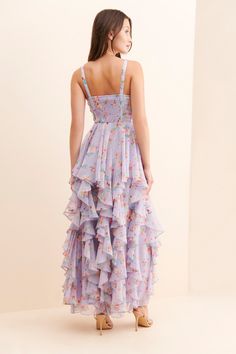 Rent Floral Chiffon Sequined Ruffled Dress from Nuuly. Pick 6 items for $98/month. Free shipping + returns. Lilac Ruffle Dress, Floral Formal Dress Long, Purple Floral Bridesmaid Dresses, Floral Floor Length Dress, Floral Purple Dress, Wedding Guest Dresses Summer, Lilac Floral Dress, Lavender Floral Dress, Garden Party Dresses