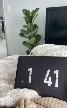 a black and white clock sitting on top of a bed next to a potted plant