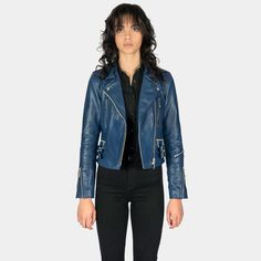 Blue Moto Biker Jacket With Zipper Closure, Fitted Blue Biker Jacket With Zipper Closure, Edgy Blue Outerwear For Fall, Blue Fitted Moto Leather Jacket, Blue Fitted Biker Leather Jacket, Fitted Blue Biker Leather Jacket, Fitted Blue Leather Biker Jacket, Blue Biker Jacket For Fall, Blue Biker Leather Jacket For Fall