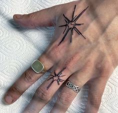 a person's hand with two tattoos on it and one has a spider web tattoo