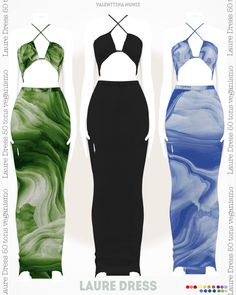 three dresses are shown in different colors and sizes, one is black, the other is green