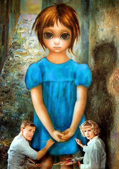 an advertisement for the japanese movie big eyes, featuring a girl in blue dress and two men