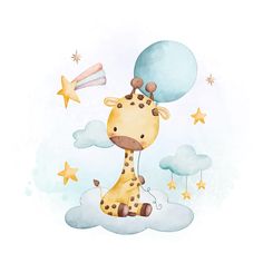 a baby giraffe is sitting on top of a cloud holding a blue balloon