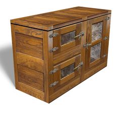 an old wooden cabinet with glass doors