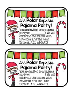 the polar express christmas party ticket with candy canes and santa clause on it,