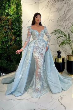 Mermaid V-neck Long Sleeve Lace Applique Floor-length detachable train Prom Dress-Ballbella Prom Dress With Train, Detachable Train, Mermaid Evening Gown, Long Sleeve Evening Dresses, Formal Party Dress, Prom Dresses Online, فستان سهرة, Aso Ebi, Mermaid Evening Dresses