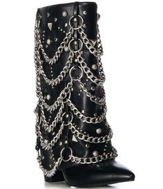 From Azalea Wang, the Aleena Chain Hardware Western Inspired Boots feature:Synthetic upperChain and stud hardware detailingPull on designSynthetic liningSynthetic otusoleApprox. 11.7" shaft heightApprox. 13.4" shaft circumferenceApprox. 4.5" heel heightImported. Boho Boots For Women, Ethereal Accessories, Demonia Boots, Boho Boots, Outfit Png, Azalea Wang, Shoe Wishlist, Ethiopian Opal Ring, Wardrobe Outfits