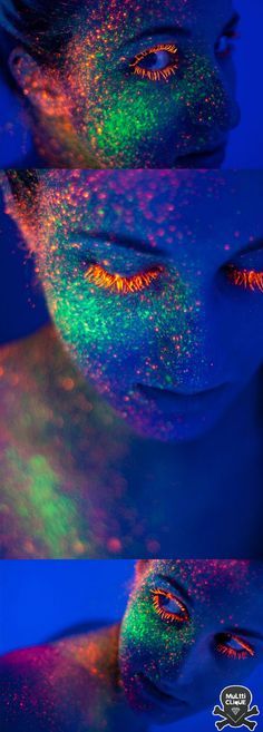 two images of a woman's face with bright lights on her body and eyes