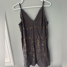 Free People Dress Size 2 Charcoal Grey With Bronze Detailing Beach Dress With Sequins And Spaghetti Straps, Sleeveless Sequin Vacation Dresses, Sequin Sleeveless Vacation Dress, Sleeveless Sequin Dress For Vacation, Chic Sequined Beach Dress, Chic Sequined Dress For The Beach, V-neck Sequin Beach Dress, Beach V-neck Sequin Dress, Sequin V-neck Beach Dress