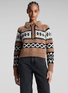 94% Merino Wool 5% Alpaca 1% Polyamide Model is 5'9.5" and wears a size Small Shop Sweaters, The Carter, Camel Sweaters, Baggy Denim, Half Zip Sweaters, Fair Isle Sweater, Quarter Zip Pullover, Wool Blend Sweater, Winter 2024