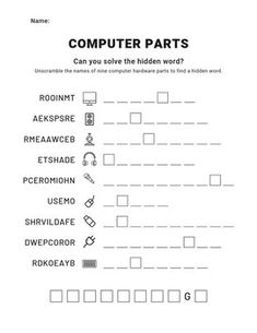 the worksheet for computer parts is shown in black and white, with symbols on it