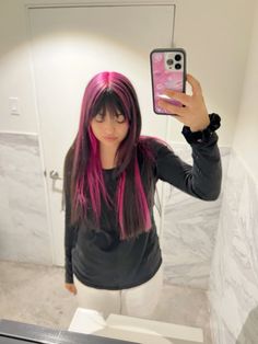 Skunk Streak Hair Pink, Pink Hair Black Streaks, Hot Pink Peekaboo Highlights, Black Hair And Pink Highlights, Miranda Rae Hair Pink, Black N Pink Hair, Pink Highlights In Black Hair Curly, Pink Hair With Black Highlights, Hot Pink Underneath Hair