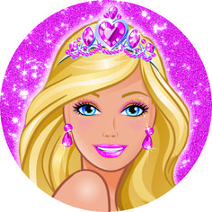 a barbie doll wearing a tiara with purple sparkles around her head and blue eyes