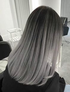 Grey Balayage Straight Hair, Ash Colored Hair Grey, Ash Grey Balayage Straight Hair, Grey Balayage On Black Hair, Ash Grey Ombre Hair, Ash Grey Short Hair, Silver Hair Dark Roots, Grey Ash Blonde Hair, Ombre Silver Hair