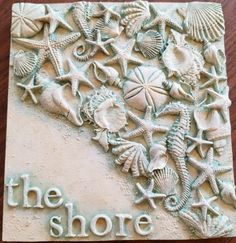 there is a sign that says the shore with sea shells and starfish on it