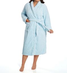 Cuddle into the warm embrace of this fleecy knit robe. Robe has wide shawl collar. Wide patch pockets at front hold small items and warm your hands. Long sleeves have double layer cuffs. Honeycomb fleece body has distinctive jacquard knit. Removable belt stays in place with loops at sides. Internal ties are satin ribbon and help keep robe closed. Back of collar has convenient loop for hanging. Interior tag gives fabric content and care instructions. Heavyweight fleece knit keeps you snuggly warm Nightwear Dress, Hooded Robe, Pyjama Sets, Dressing Gown Robe, Soft Dress, Women Nightwear, Contemporary Outfits, Womens Robes, Womens Fleece