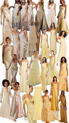 many different types of dresses and gowns are shown in this collage, including one with