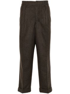 coffee brown virgin wool brushed finish pinstripe pattern concealed front button, hook and zip fastening belt loops pleat detailing pressed crease two diagonal pockets to the sides two rear button-fastening pockets turn-up hem straight leg Pinstripe Formal Bottoms With Pockets, Pinstripe Bottoms With Pockets For Formal Occasions, Pinstripe Bottoms For Formal Occasions In Fall, Pinstripe Workwear Pants With Belt Loops, Formal Striped Bottoms For Fall, Striped Bottoms For Formal Occasions In Fall, Tailored Pinstripe Pants With Belt Loops, Classic Pinstripe Pants With Pockets, Tailored Striped Bottoms With Belt Loops