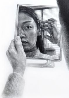 a drawing of a woman looking at herself in the mirror with her hand on her face