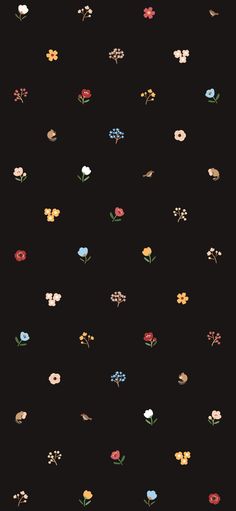 a black background with small flowers on the bottom and one flower at the top in different colors