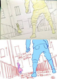 two different colored drawings of people in the street