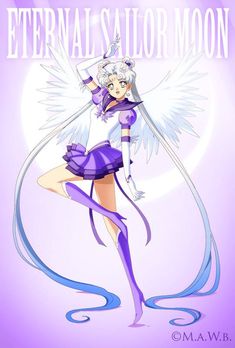 an anime character with white hair and wings on her body, standing in front of the moon