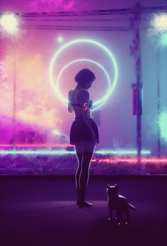 a woman standing next to a dog in front of a neon circle