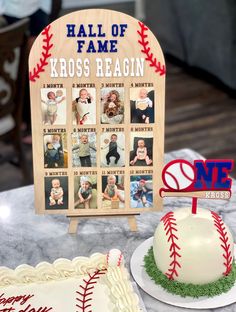 a baseball themed cake with photos on the front and back of it, along with a wooden plaque that says hall of fame kross reach