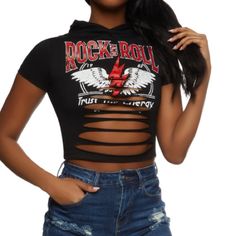 Distressed Crop Top With Hood. Fits As Size Small Xs Never Worn Distressed Crop Top, Hooded Top, Hooded Tops, Lady In Red, Rock And Roll, Black Red, Crop Top, Black And Red, Womens Tops