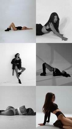 four different photos of women in black and white outfits, one is laying on the floor