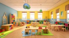 an empty classroom with wooden tables, chairs and toys on the floor in front of colorful bookshelves