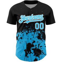 Custom Black Sky Blue-White 3D Pattern Design Abstract Splash Grunge Art Authentic Baseball Jersey Blue Baseball Jersey With Letter Print For Baseball Season, Blue Baseball Jersey With Letter Print, Blue Letter Print Baseball Jersey For Baseball Season, Blue Letter Print Baseball Jersey, Blue Baseball Jersey With Baseball Collar For Team Events, Blue Baseball Jersey With Collar For Team Events, Blue Baseball Jersey For Sports Events During Baseball Season, Blue Team Spirit Baseball Jersey For Baseball Season, Customizable Blue Jersey For Baseball Season