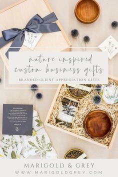 an assortment of gift items in a box with the words, nature inspired custom houseware gifts