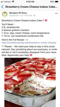 a recipe for strawberry cream cheese icebox cake is shown on an instagram page