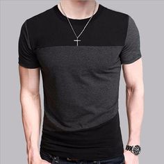 Men Slim Fit Crew Neck T-shirt, Men Short Sleeve Shirt Casual Collar Tshirt, Tee Shirt Homme, Mens Tee Shirts, Short Shirts, Slim Fit Men, Casual T Shirts, Men Short Sleeve, Color Matching, Short Sleeve Shirt