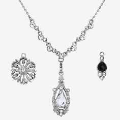 This necklace set adds versatility to your look with its charming interchangeable pendants. The three pendants can be easily changed using the spring clasp. Comes packaged in a lovely gift box.Bead Type: Glass# Pieces In Set: 4Included: 1 Necklace(s), 3 Pendant(s)Features: In A Gift BoxJewelry Closure: Lobster ClaspStone Cut: Multi-ShapeMetal Color: Silver ToneChain Length: 16 InchExtender Length: 3 InchPendant Length: 50.8mmPendant Width: 25.4mmChain Construction: LinkCare: Wipe CleanMetal: All Elegant Silver Necklace With Interchangeable Details, Elegant Interchangeable Pendant Jewelry, Elegant Pendant Jewelry With Interchangeable Details, Elegant Silver Jewelry With Interchangeable Details, Necklace Set Silver, 1928 Jewelry, Glass Pieces, Lovely Gift, Jewellery And Watches