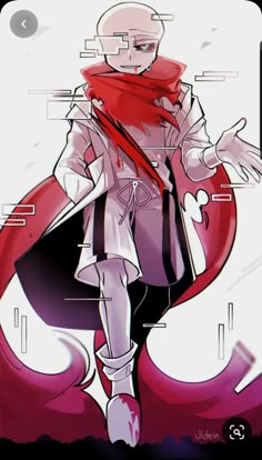 an anime character with red hair and black pants, wearing a white coat and scarf