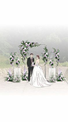 a bride and groom standing in front of a wedding arch with flowers on the side