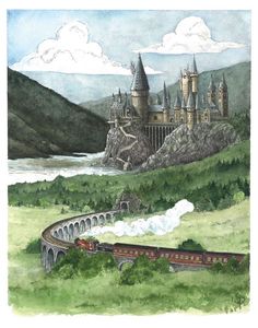 a drawing of hogwarts castle with a train going by